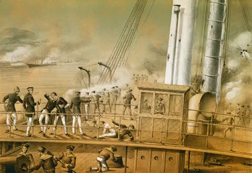 Admiral Amedee Anatole Courbet (1827-85) und seine Offiziere an Bord der 